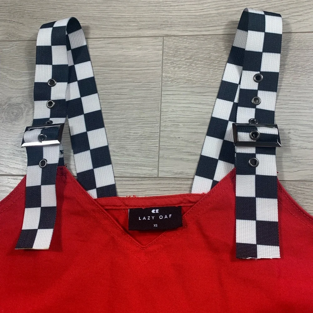 Lazy Oaf Checkered Buckle-Strap Pinafore Red Mini Dress - Picture 7 of 15